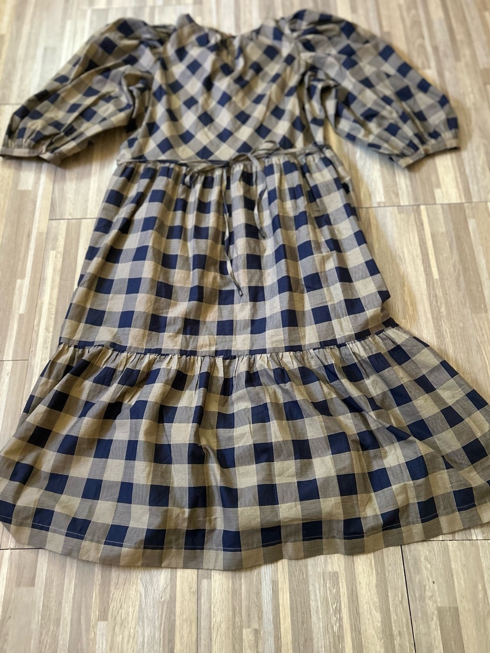 Summersalt Buffalo Plaid Tiered Midi Dress in Navy and Tan 100% Cotton Size Med - Picture 12 of 12